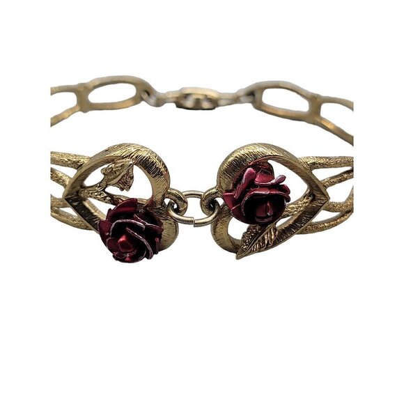 The Art of Beauty Cuff Bangle Bracelet Double Red Rose Buds Gold Tone Size 7 - Picture 15 of 16